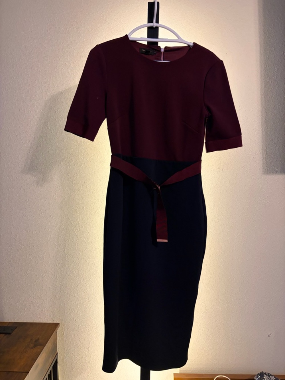 Ted Baker Burgundy and Navy Sheath Dress with Waist Tie